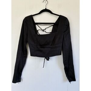 Zara Womens Black Satin Lace-Up Open Back Long Sleeve Crop Top Size M